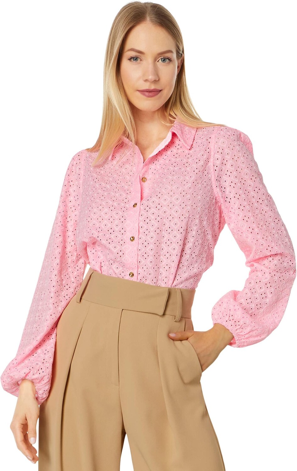 

Рубашка на пуговицах с люверсами Sea Breeze Lilly Pulitzer, цвет Pink Blossom Ditsy Diamond Poly Eyelet