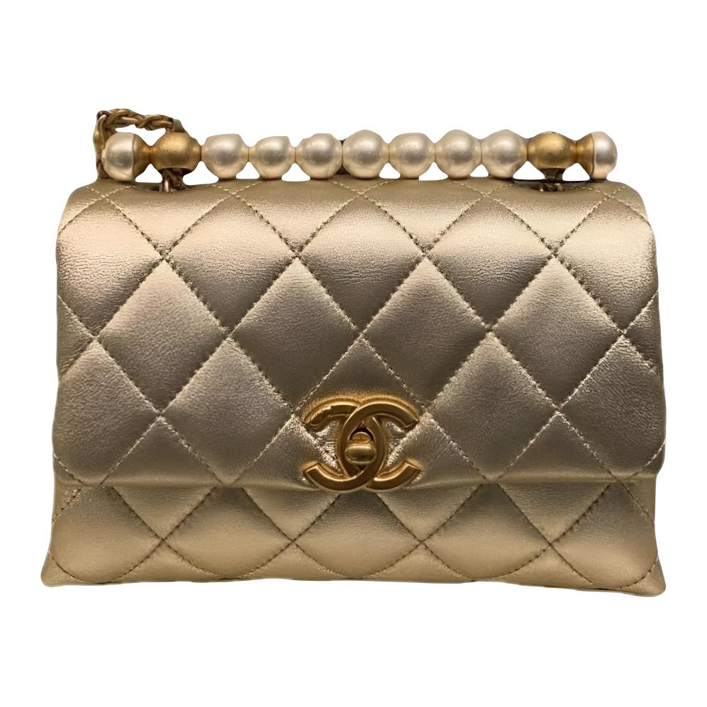 

CHANEL Кожаная сумка с клапаном через плечо миниатюрная женская золотая