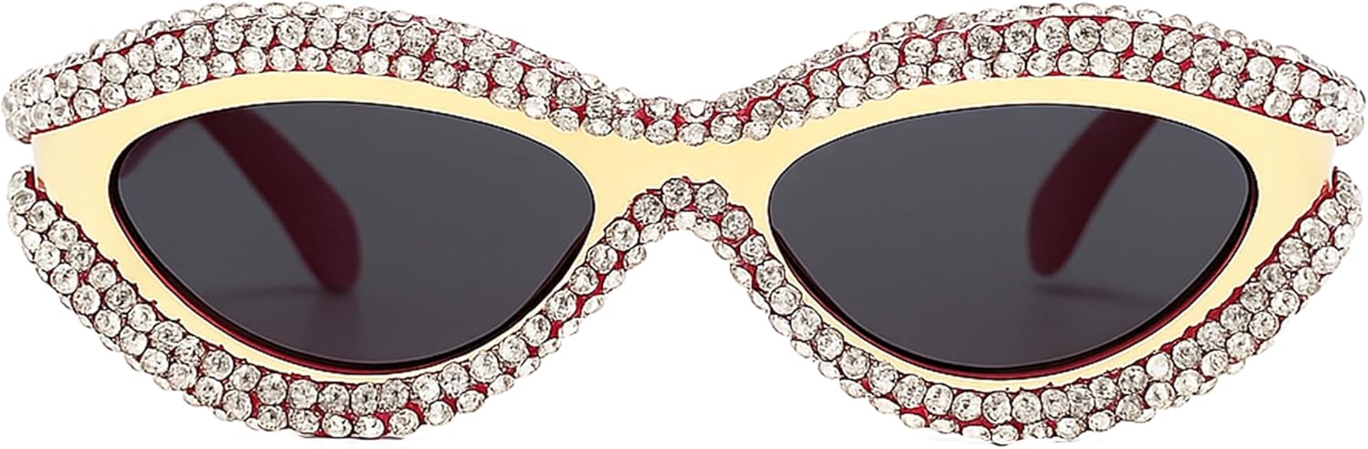 

bullabulling Ретро-солнцезащитные очки «кошачий глаз» со стразами для женщин, милая овальная толстая оправа, солнцезащитные очки в стиле Y2k, шикарные бриллиантовые очки, Red