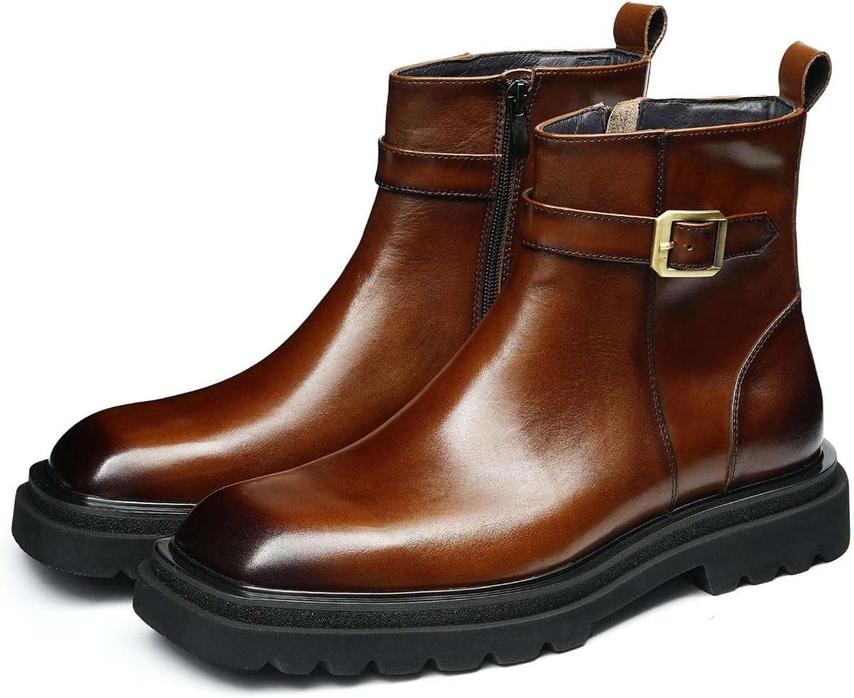 

Мужские ботинки Santimon Chelsea из натуральной кожи с пряжкой - модные формальные ботинки на молнии сбоку с регулируемым ремешком и квадратным носком, для повседневного ношения, деловых встреч и свадебных мероприятий, коричневый