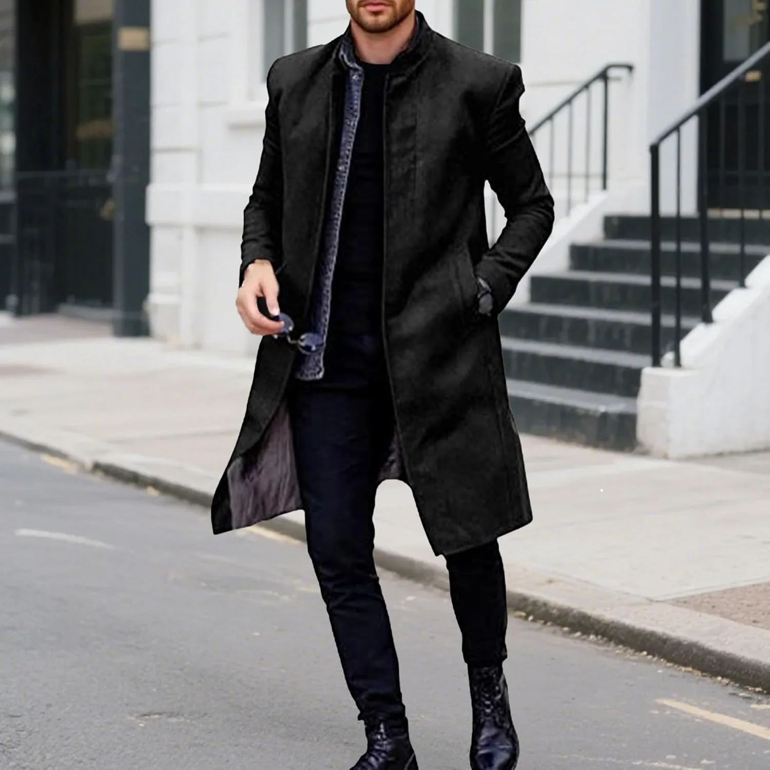 Мужское пальто pea coat приталенного кроя с отложным воротником, однобортное, утепленное, из шерстяной смеси, в оттенке earth tone, для зимнего делового гардероба Generic, черный — фото 3
