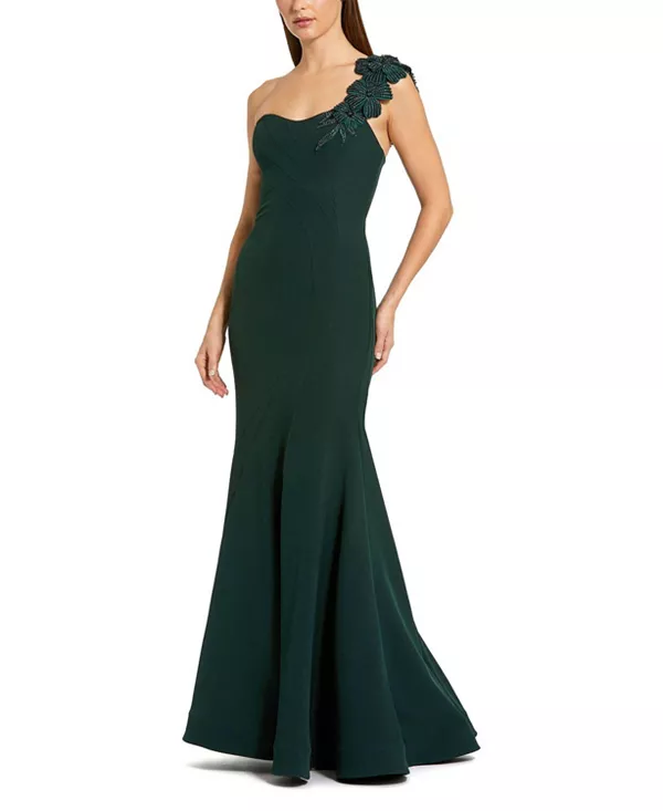 

Платье-Русалка из крепа на одно плечо, расшитое бисером и цветами. Mac Duggal, зеленый