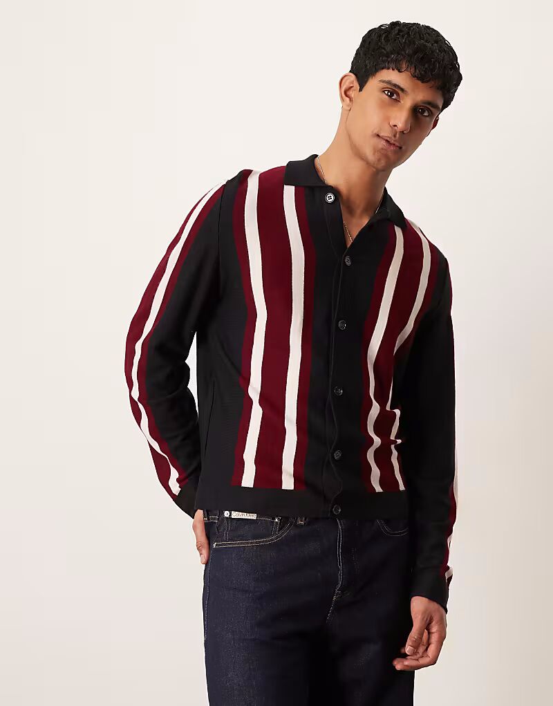 

ASOS DESIGN свободная трикотажная рубашка-поло в полоску на пуговицах темно-синего цвета