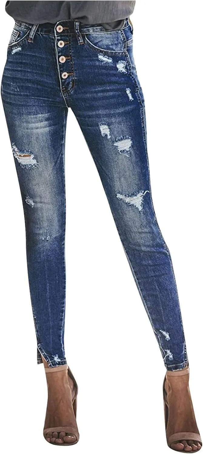 

Женские джинсы с высокой посадкой, рваные, с карманами