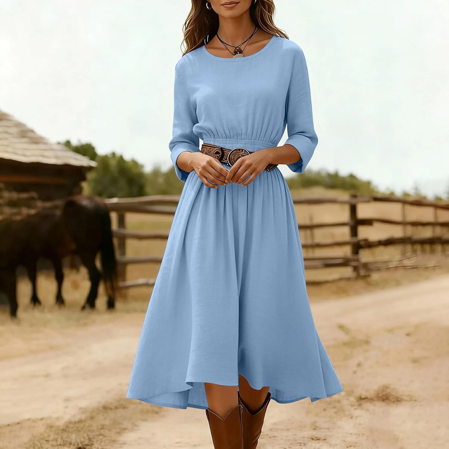 Платье Generic Cotton Linen Midi, светло-синий — фото 4