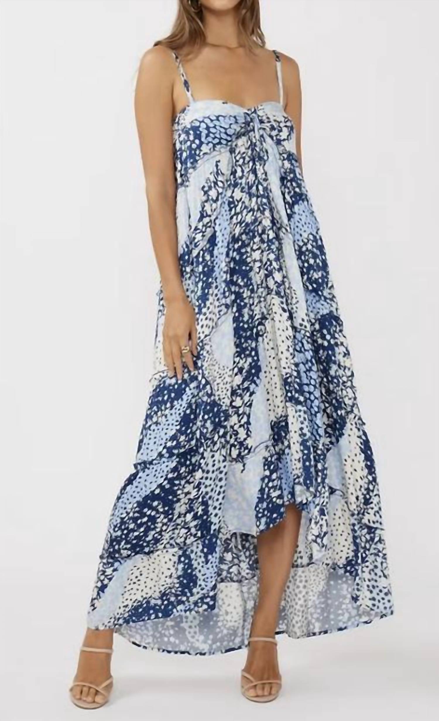 

Floral Tiered Spaghetti Strap Maxi Dress In Blue + White LOVESTITCH