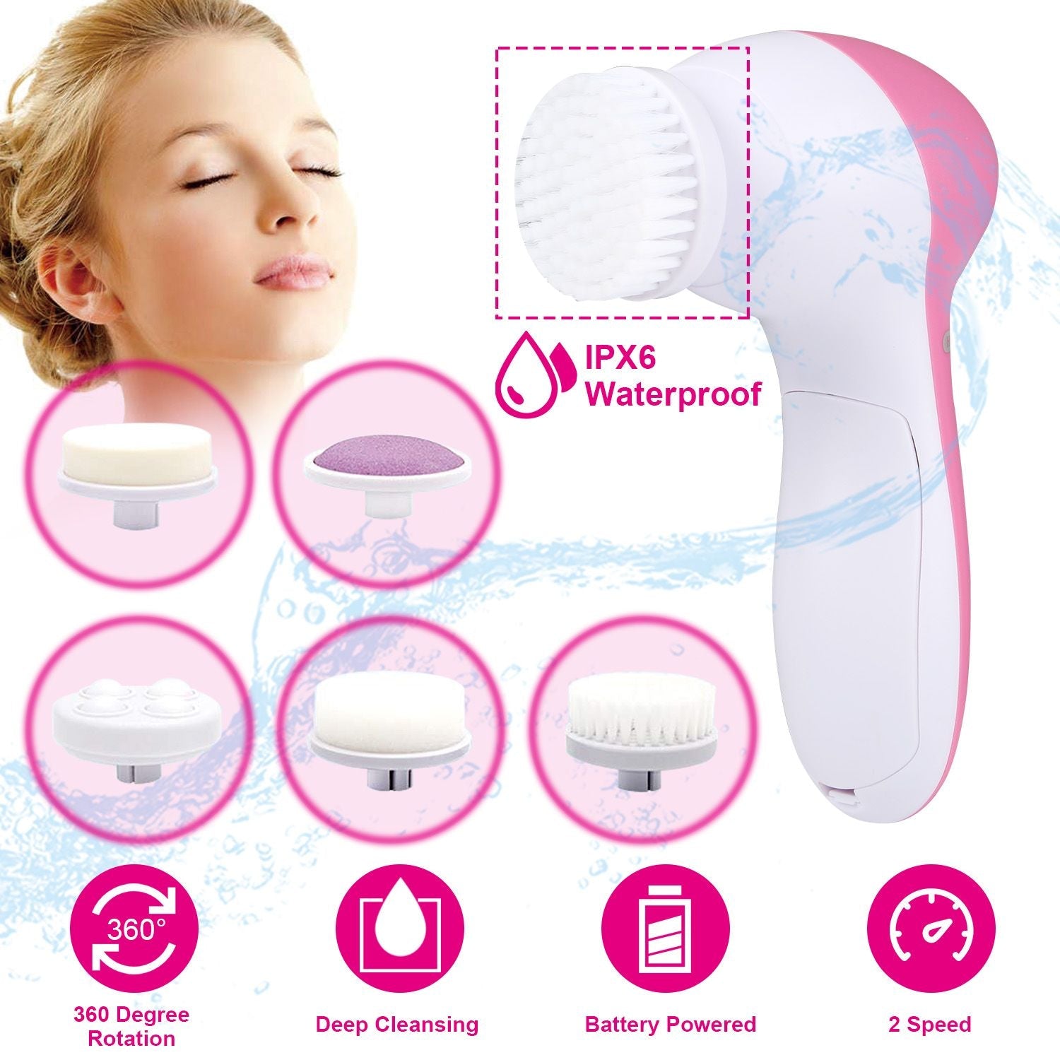 Водонепроницаемая очищающая щетка для лица Face Spin Cleaning Brush Scrubber с 5 насадками для женщин Proxxi, розовый — фото 3