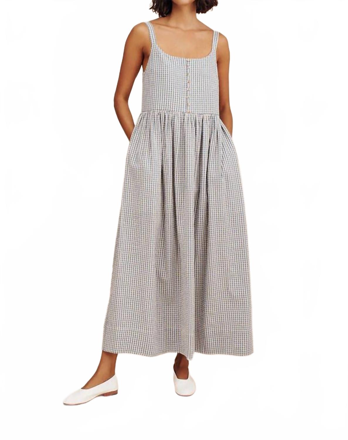 

Платье Mira с круглым вырезом в сине-кремовую гусиную лапку POSSE