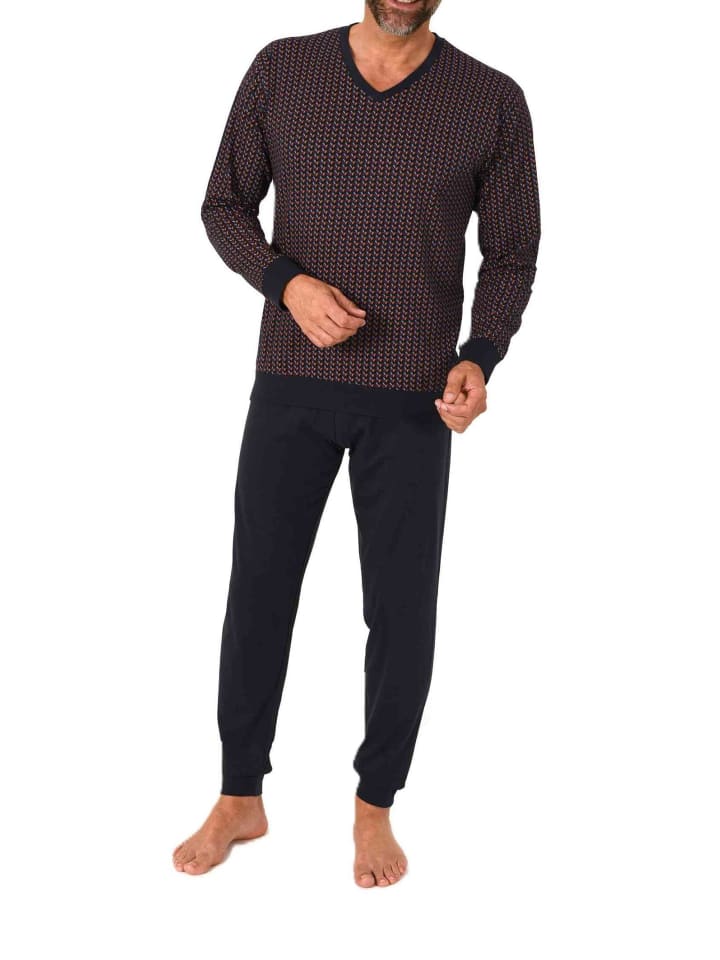 

NORMANN Пижамный комплект с длинными рукавами, манжетами и V-образным вырезом, темно-синего цвета