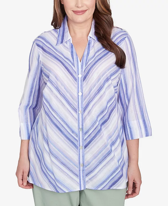 

Топ с воротником-стойкой и пуговицами в полоску «Ирис» от Santa Fe размера плюс Alfred Dunner, фиолетовый