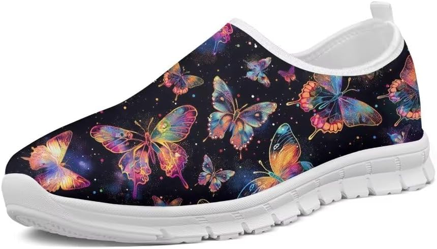 

Женские кроссовки Forchrinse Blue Hummingbird Floral для прогулок, мужские слипоны, легкие мягкие кроссовки с поддержкой свода, лоферы, дышащие, Neon Colorful Butterfly