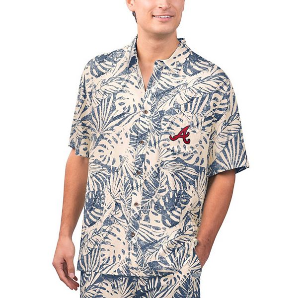 

Мужская рубашка на пуговицах Atlanta Braves с принтом monstera в цвете navy Margaritaville