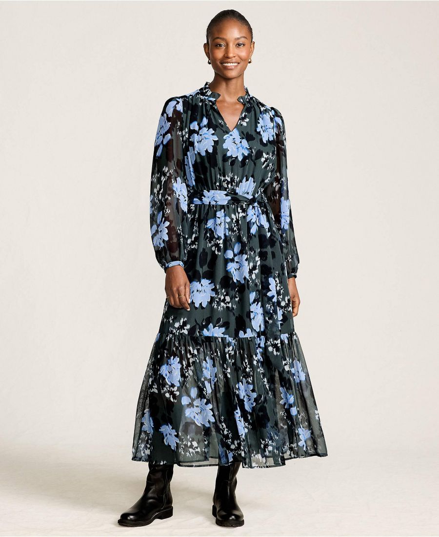 

Женское шифоновое многоярусное длинное платье с рукавами Lands' End, Evening forest painted floral