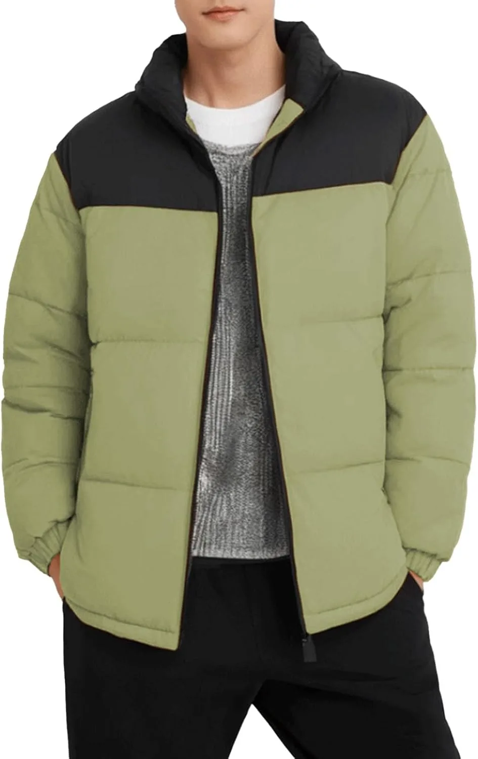 Мужские пуховые куртки, зимние пальто для мужчин, стеганые пуховые куртки на молнии, теплые укороченные куртки с карманами Generic, зеленый — фото 4