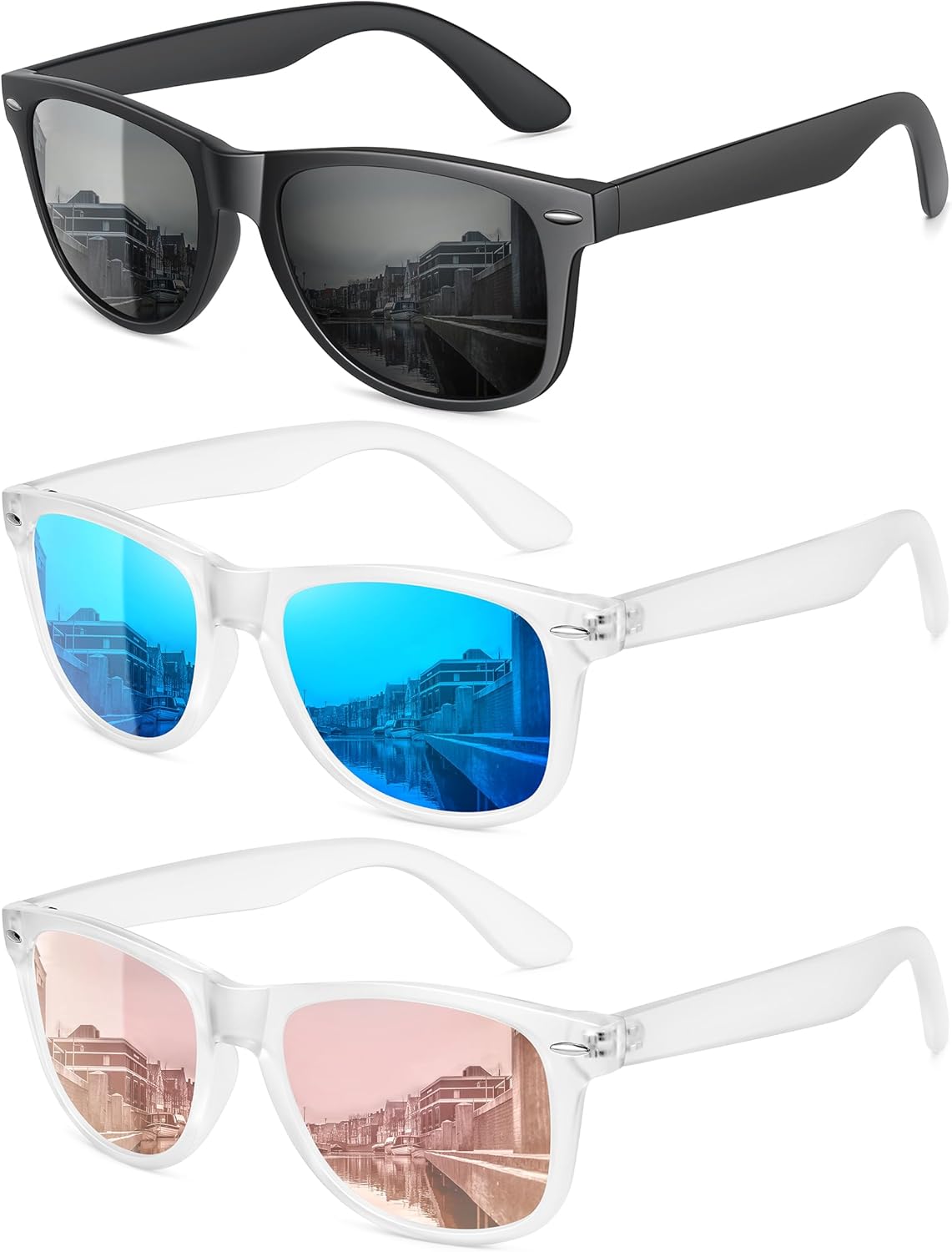 

Поляризованные солнцезащитные очки MEETSUN для женщин и мужчин, классические ретро-стиль, модные очки для вождения, защита UV400 (3 шт.), (3 Pack) Matte Clear Frame/Black + Blue + Pink