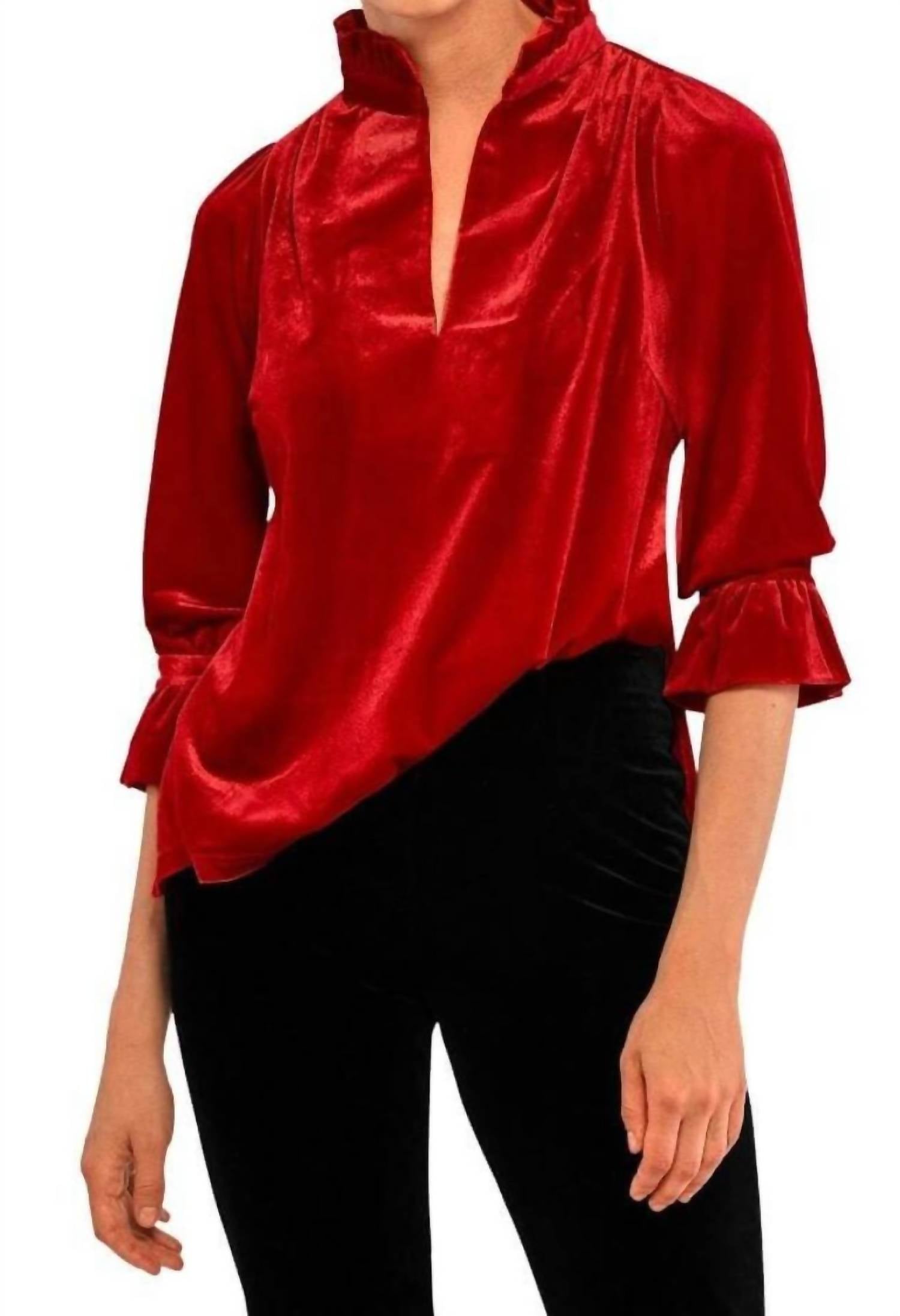 

Бархатный топ-туника с оборкой на горловине красного цвета GRETCHEN SCOTT