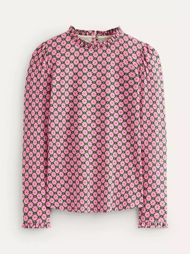 

Топ Boden Geometric Floral Super Soft Frill Detail, цвет pink/green