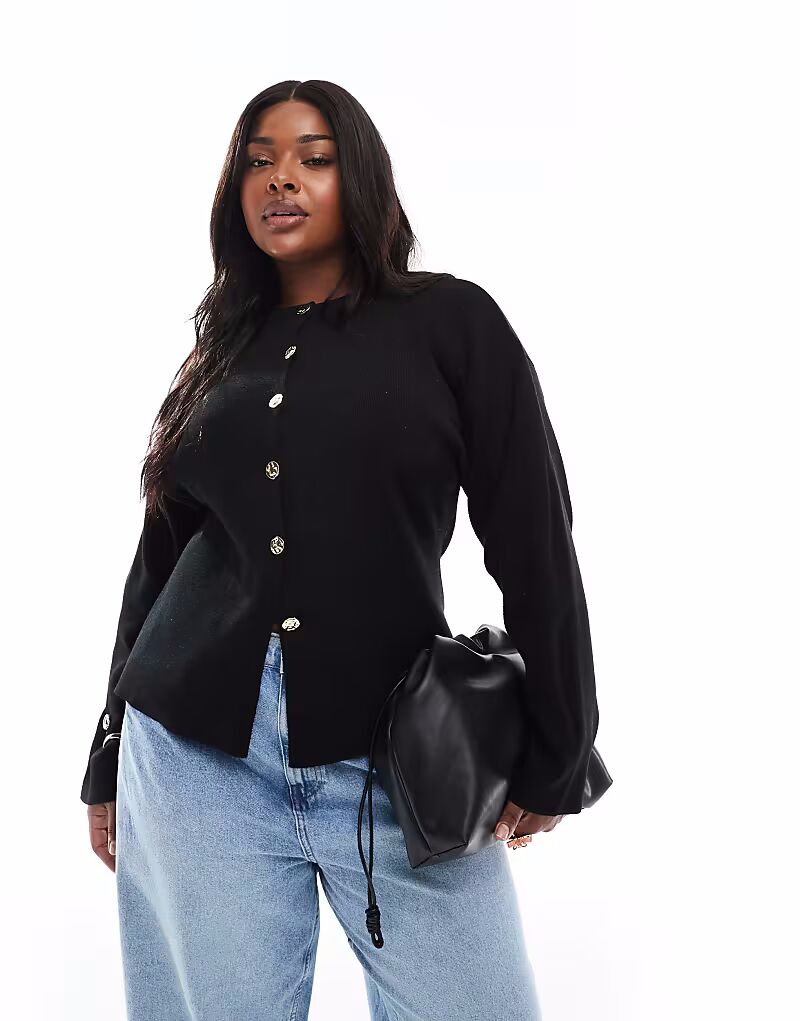 

ASOS DESIGN Curve трикотажный структурированный кардиган с круглым вырезом и золотыми пуговицами черного цвета ASOS Curve