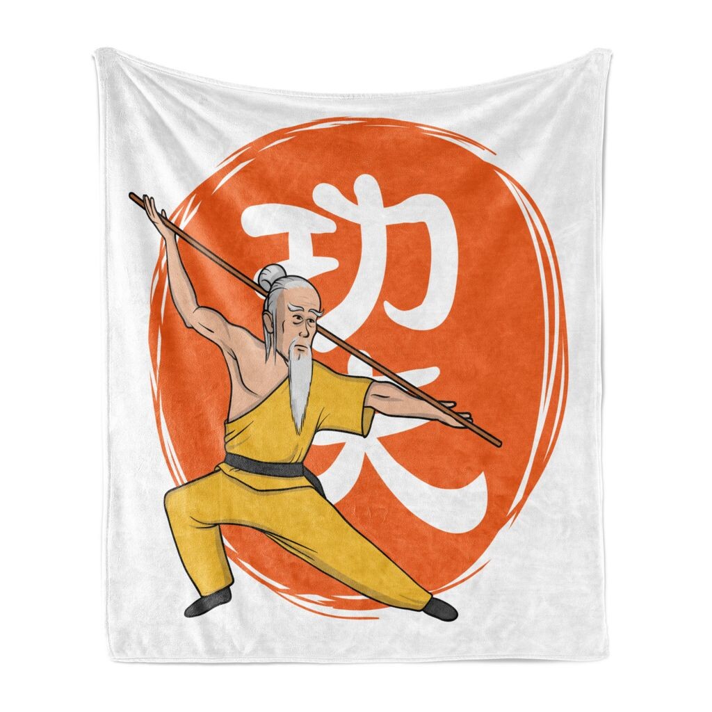 

Мягкое фланелевое флисовое одеяло ABAKUHAUS Kung Fu, монах Шаолинь, практикующий ушу, на этническом японском иероглифе, 175 x 230 см, оранжево-желтый, оранжевый