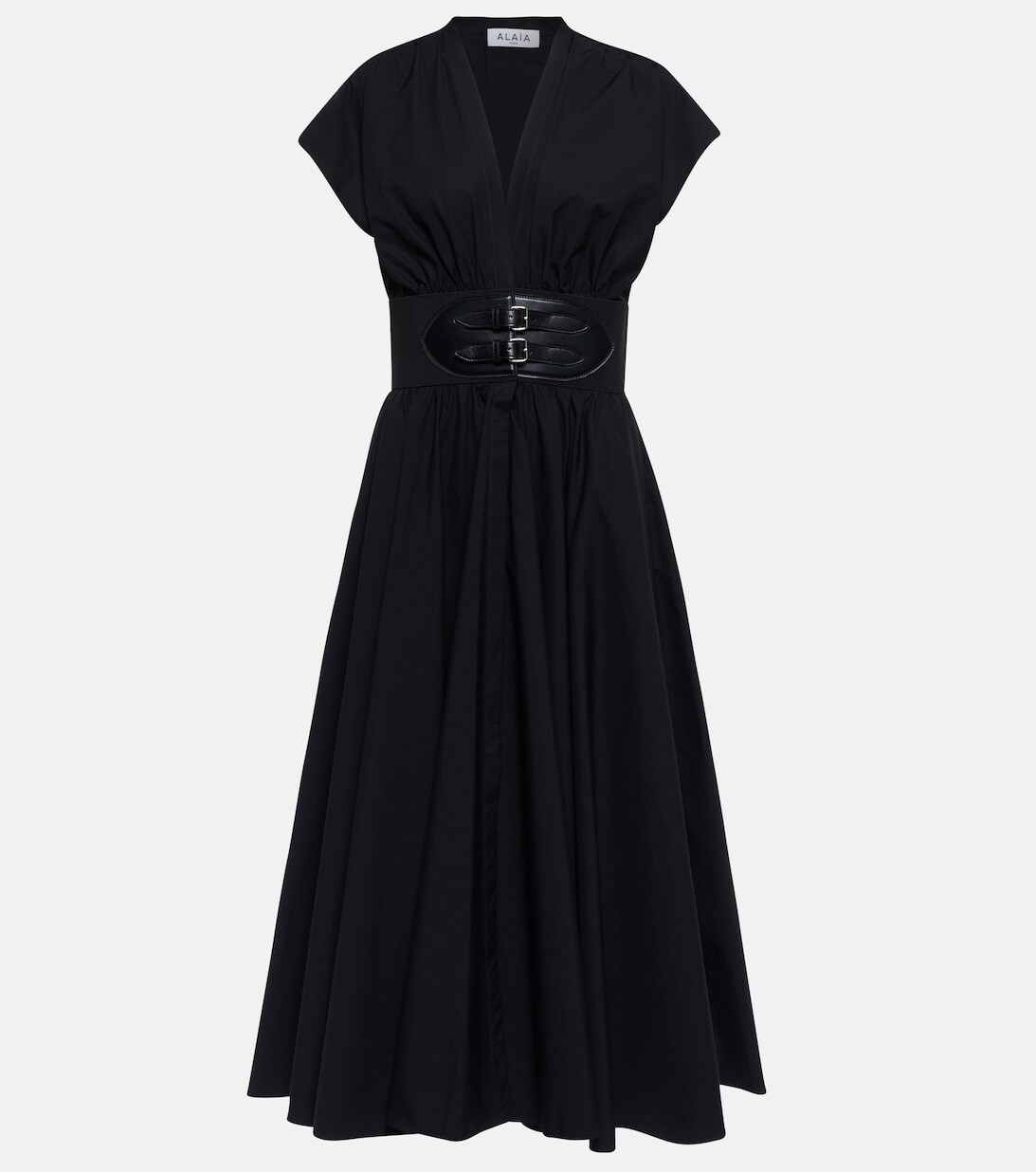 

Платье миди из хлопкового поплина с поясом ALAÏA, черный