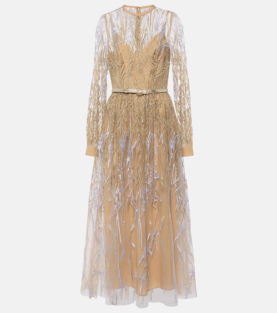 

Вышитое тюлевое платье миди Elie Saab, Nude/Gold/Silver