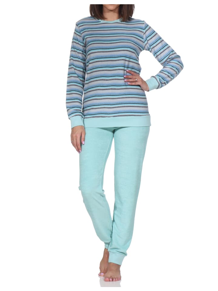 

NORMANN Пижама из махровой ткани с длинными рукавами, манжетами и полосатым узором бирюзового цвета
