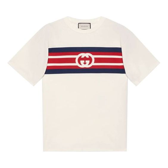 

Футболка Men's Gucci SS21 Interlock Double G Stripe Printing Short Sleeve Creamy White T-Shirt, кремовый