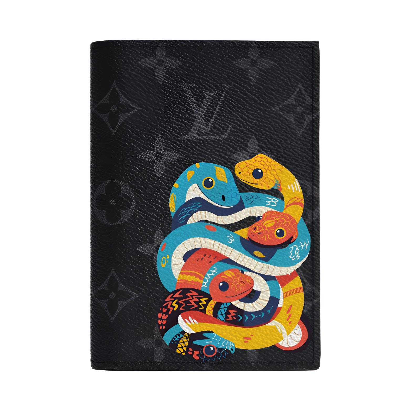 

LOUIS VUITTON Кожаный паспортник для мужчин черный серый, Snake