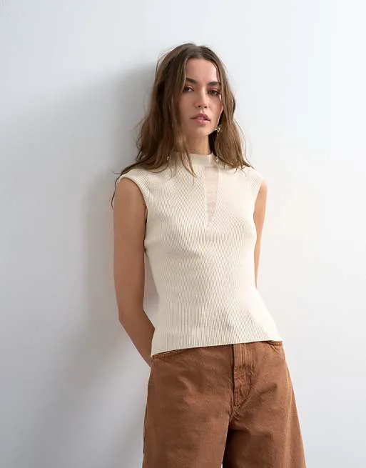 

Прозрачный вязаный топ с рукавами и кепкой Topshop цвета слоновой кости, Бежевый, Прозрачный вязаный топ с рукавами и кепкой Topshop цвета слоновой кости