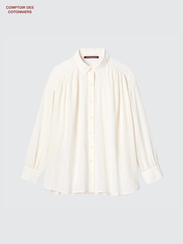 

Хлопчатобумажная прозрачная рубашка с длинными рукавами в складку Uniqlo, бежевый