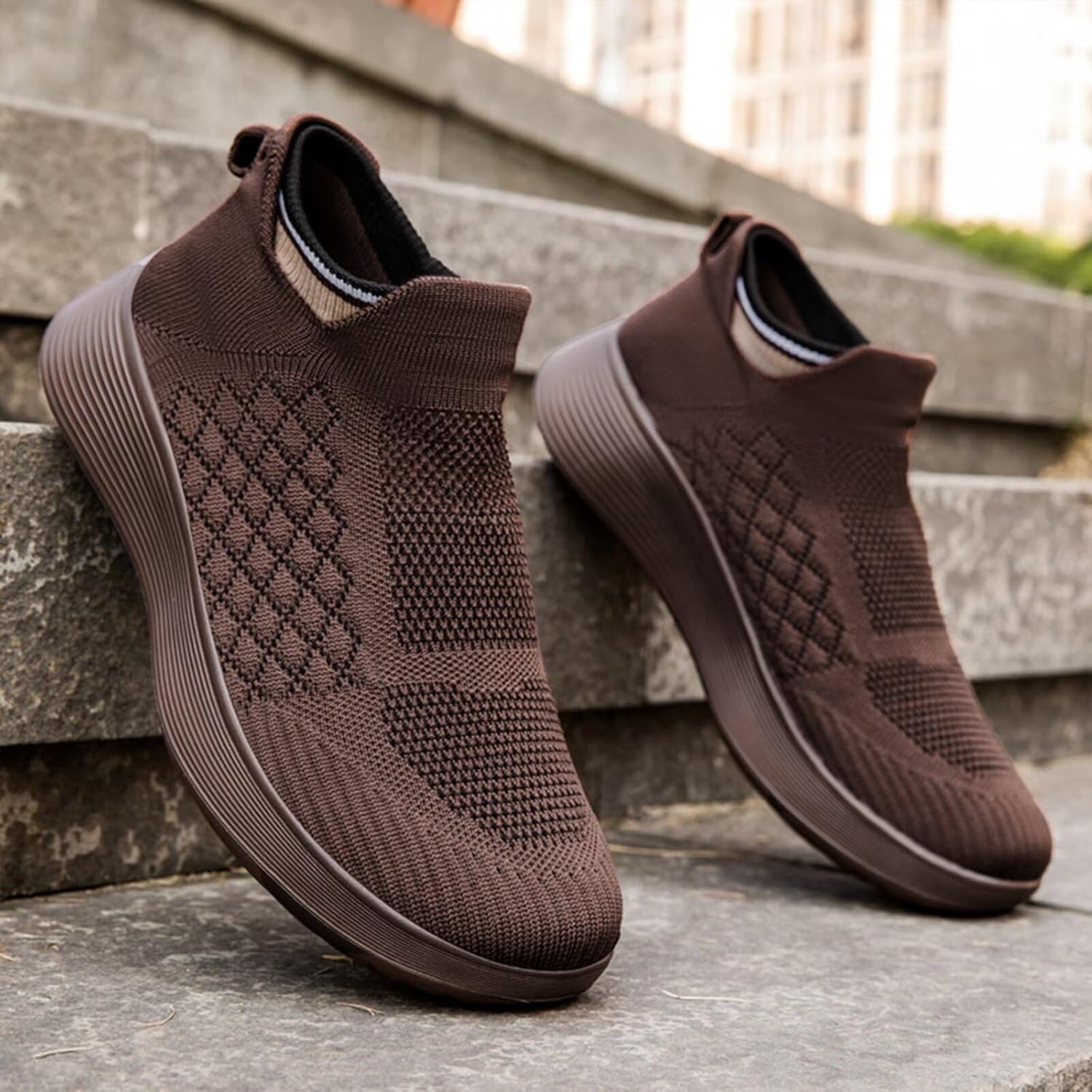 Кроссовки Ozefiad Slip-on для мужчин и женщин, сетчатые кеды без шнурков, повседневная обувь для прогулок, коричневый — фото 3