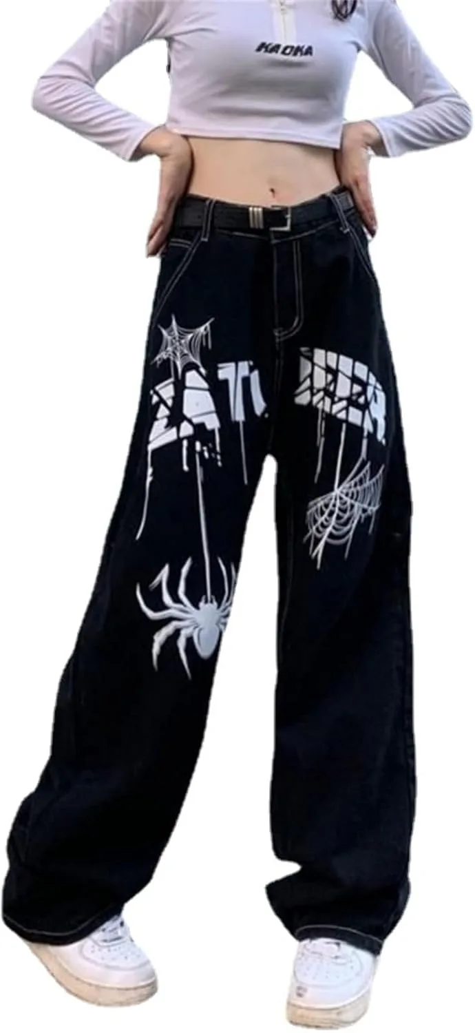

Y2K Spider Graphic Pants для женщин и мужчин — готические мешковатые джинсы wide leg с карманами Hesaco