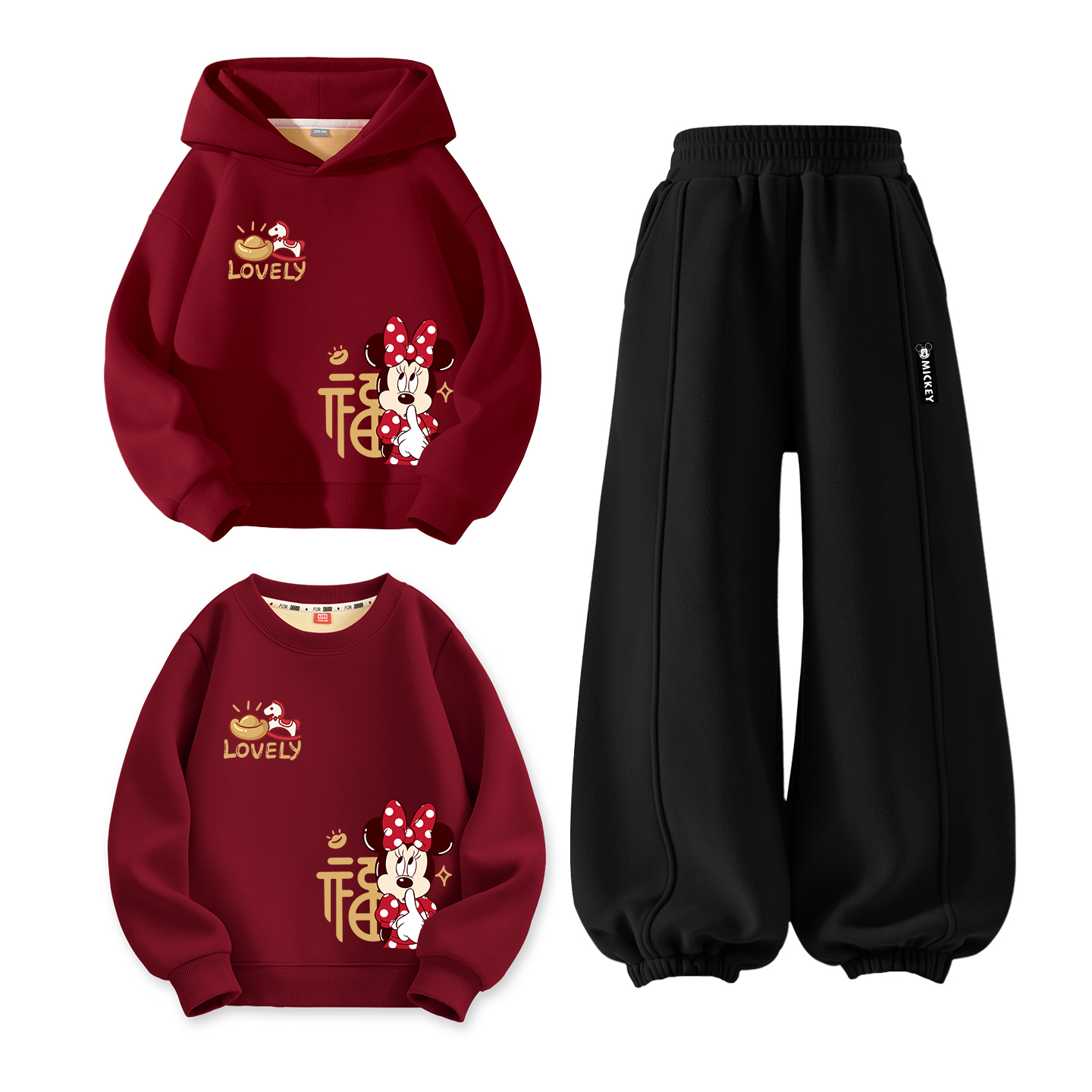 Детский костюм Tang с круглым вырезом и толстым воротником Disney, [thickened and fleece-lined]di xin jie бордовый+di xi yue черный+di heart knot бордовый — фото 3