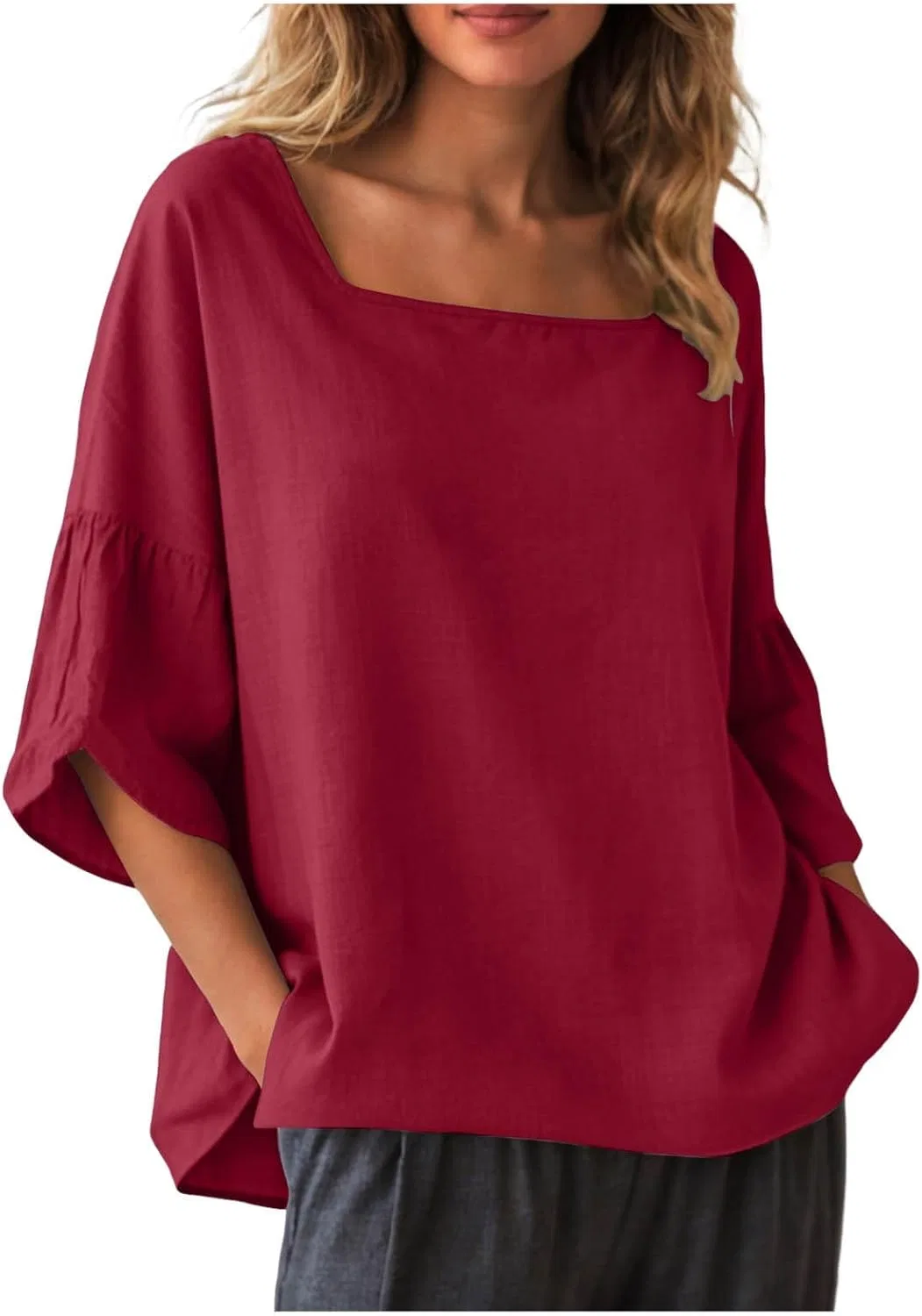 Футболка из хлопка и льна, свободная, Casual, бордовый