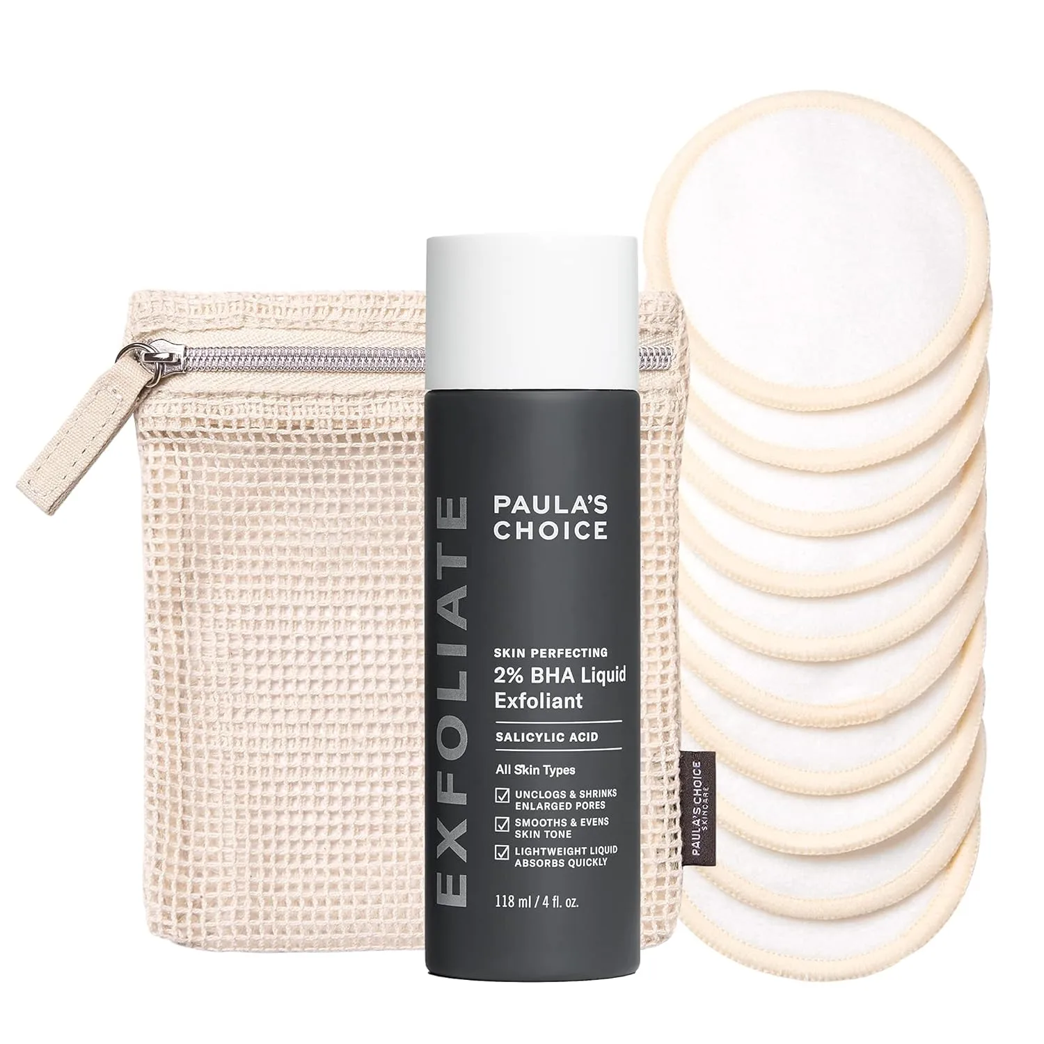 Paula’s Choice SKIN PERFECTING 2% BHA салициловая жидкость-эксфолиант и набор из 2 экологичных многоразовых ватных/бамбуковых дисков для тонера, эксфолиантов и снятия макияжа, без отдушки