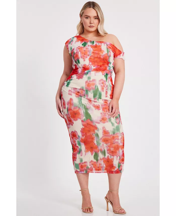 

Платье макси с сеткой на одно плечо больших размеров QUIZ, мультиколор