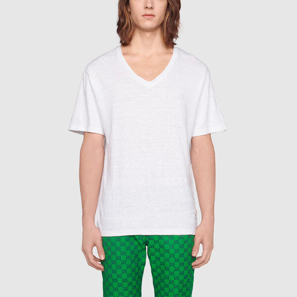 Футболка Gucci Linen V-Neck T-Shirt with Double G, белый — фото 3
