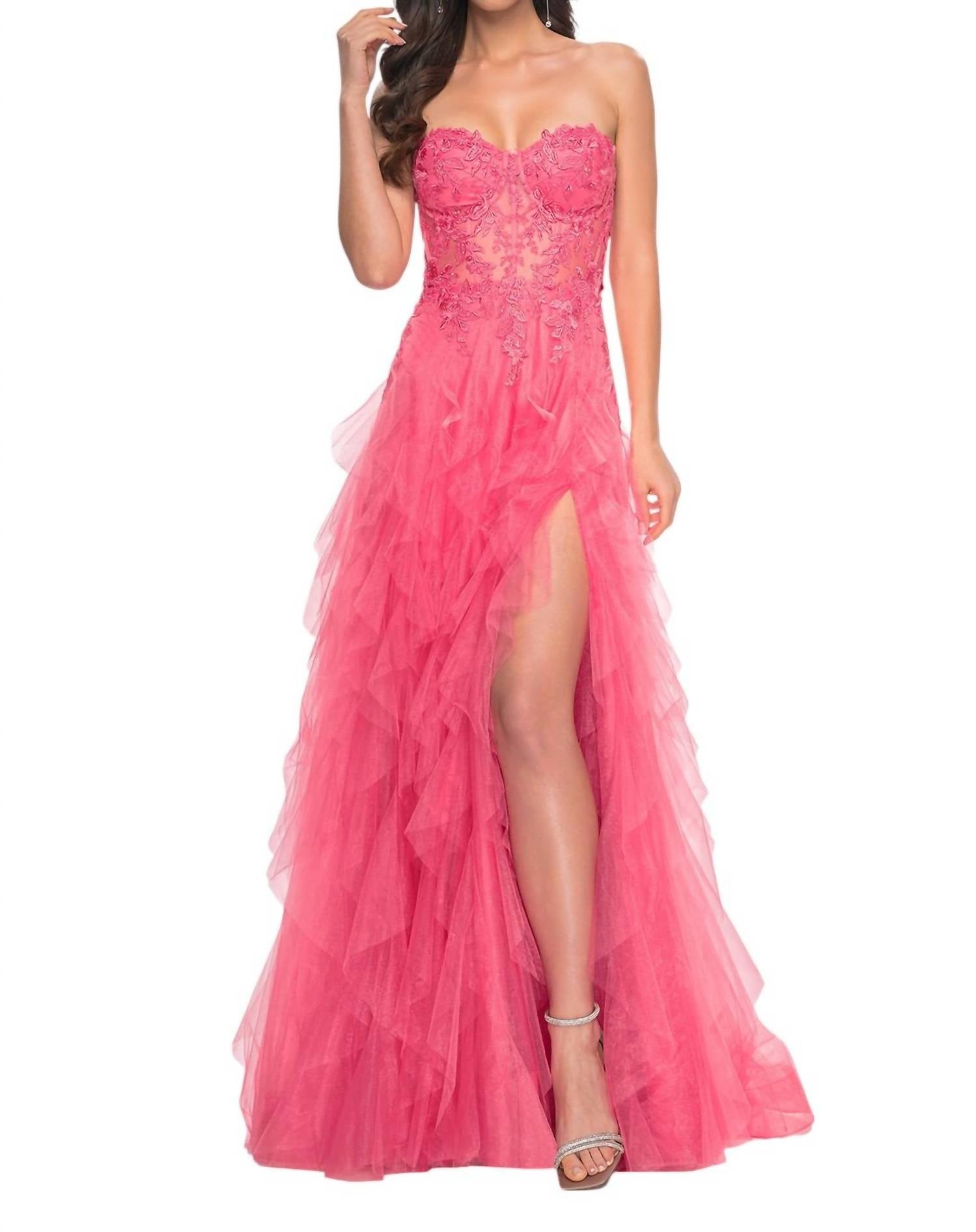 

Коралловое выпускное платье с рюшами из тюля и корсетом без бретелек Sweetheart La Femme