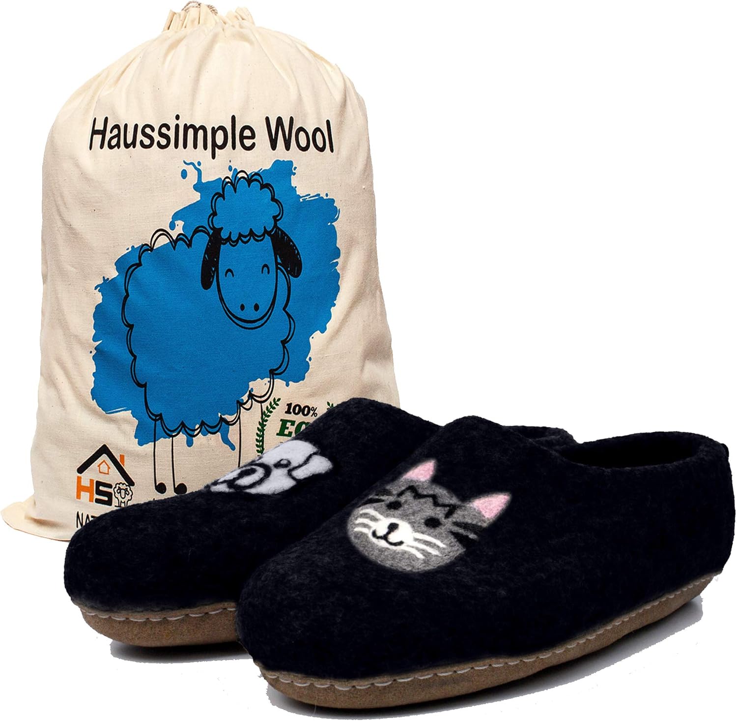 

Тапочки HAUSSIMPLE из шерсти для мужчин и женщин, унисекс, для дома, уютные, теплые, мягкие, зимние комнатные шлепанцы из органического натурального фетра, Black Cat & Dog Face Design