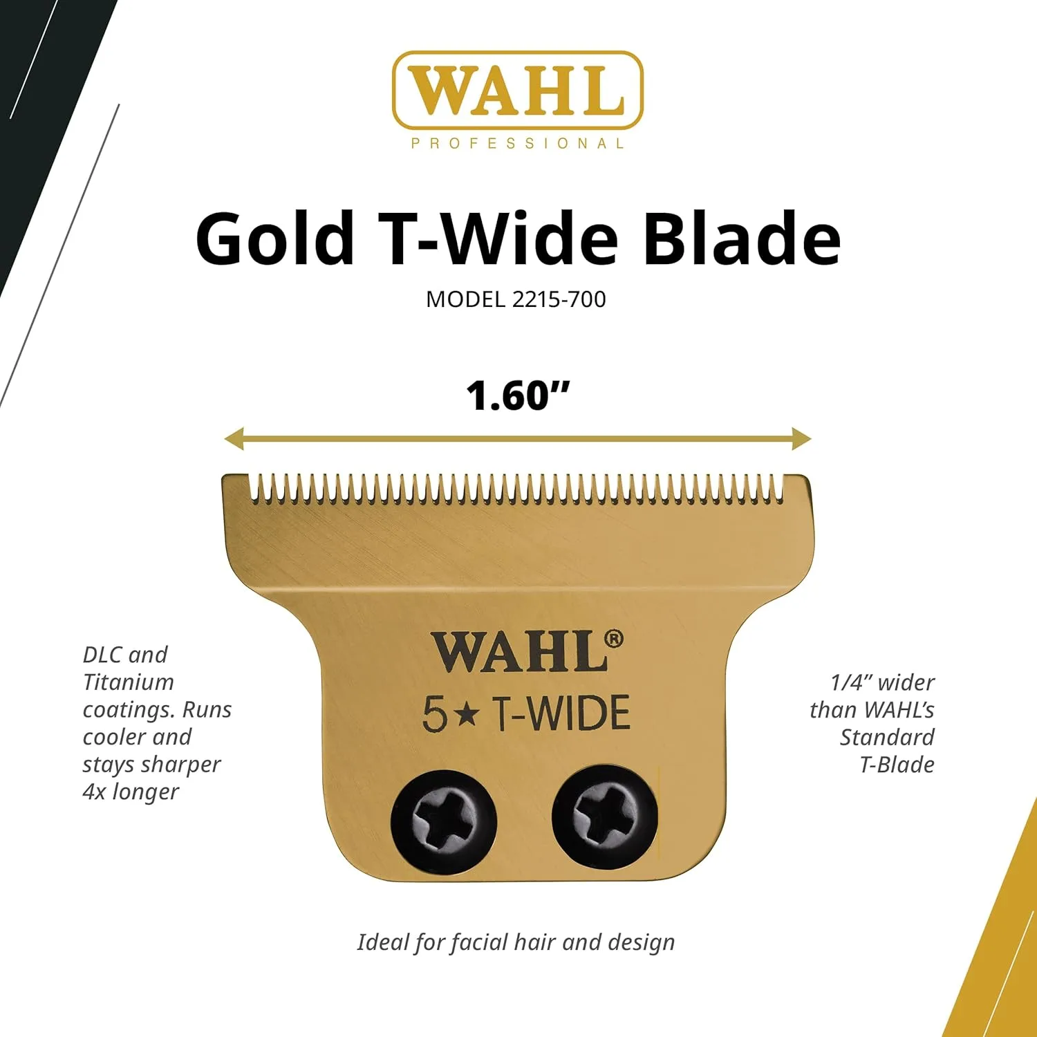 Набор лезвий Wahl Professional T-Wide с золотым покрытием, регулируемая нулевая перекрытие, DLC- и титановое покрытие, подходит для беспроводных машинок для детейлинга Li, Gold — фото 2