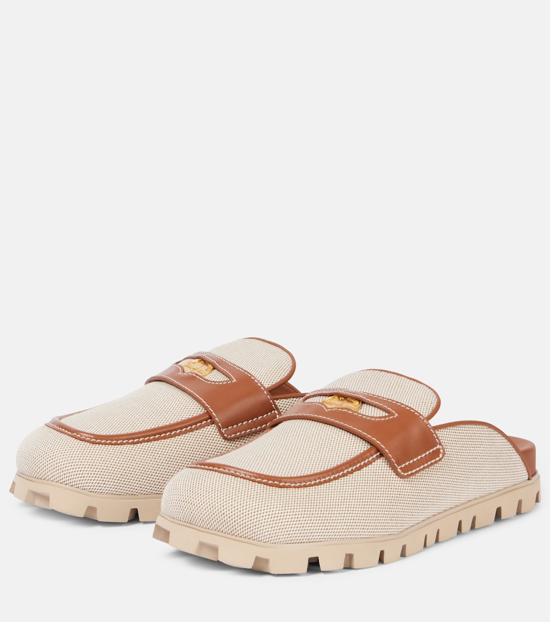 Кожаные мюли с отделкой из холста Miu Miu, Naturale + Brandy — фото 4