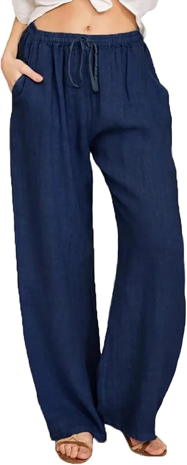 

SMIDOW летние брюки для женщин 2023 хлопок лен эластичный пояс шнурок широкие штаны до щиколотки с карманами