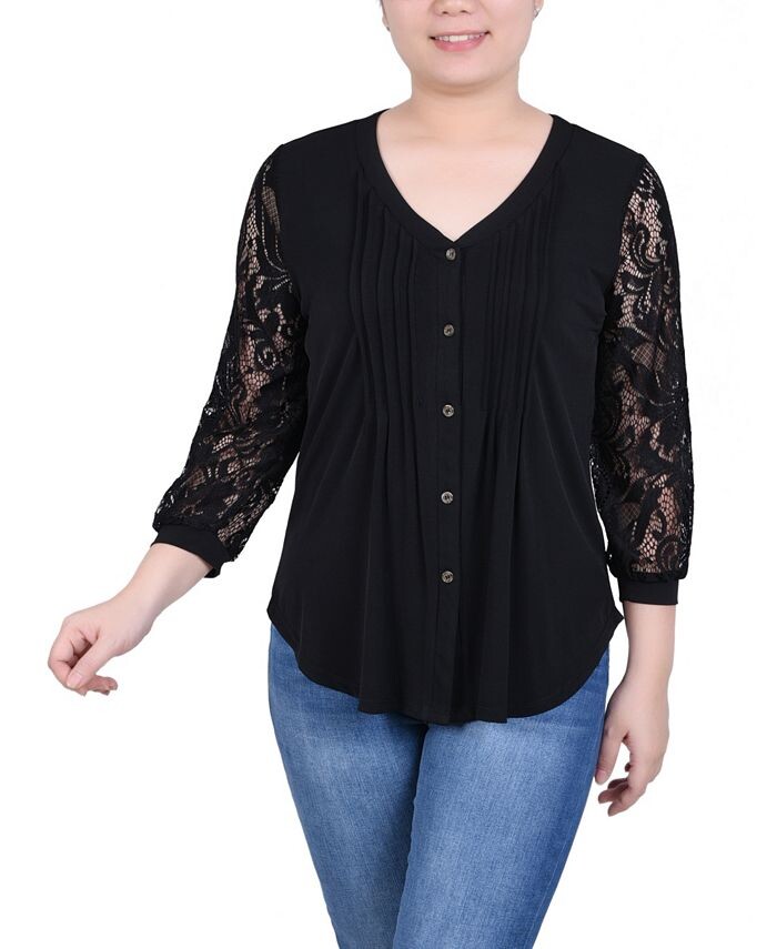 

Миниатюрный вязаный топ 3/4 с кружевными рукавами NY Collection, черный