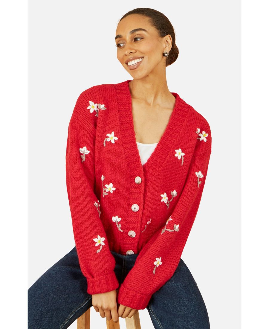 

Женский кардиган крупной вязки с ручной вышивкой Yumi, Red