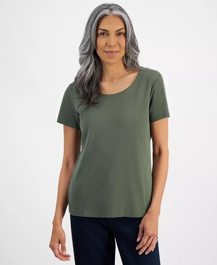 

Миниатюрный хлопковый топ с круглым вырезом и короткими рукавами Style & Co, зеленый