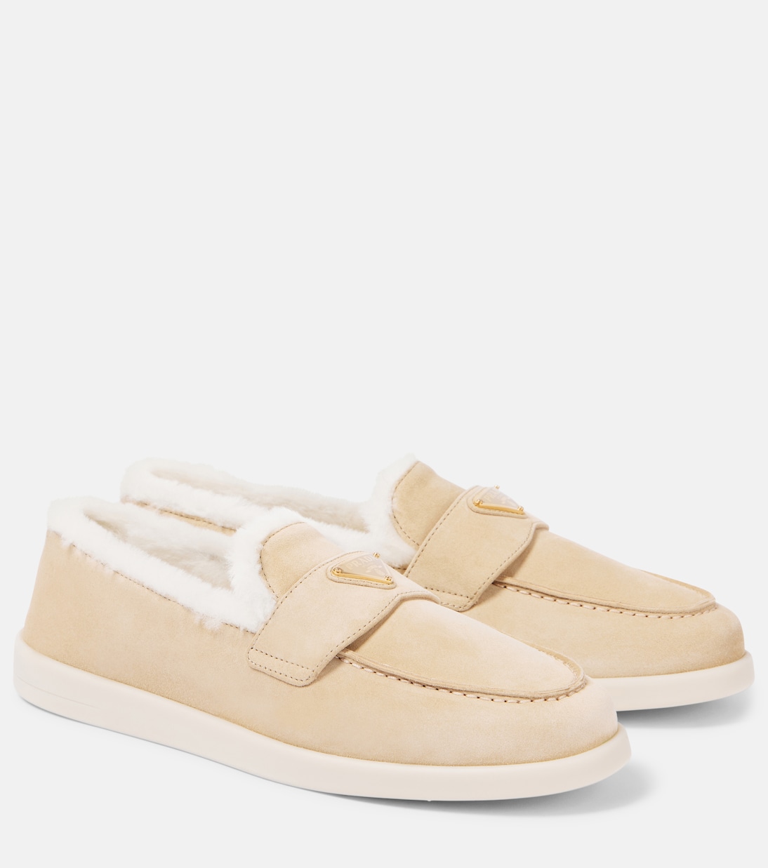 Замшевые лоферы с подкладкой из овчины Prada, Ecru'