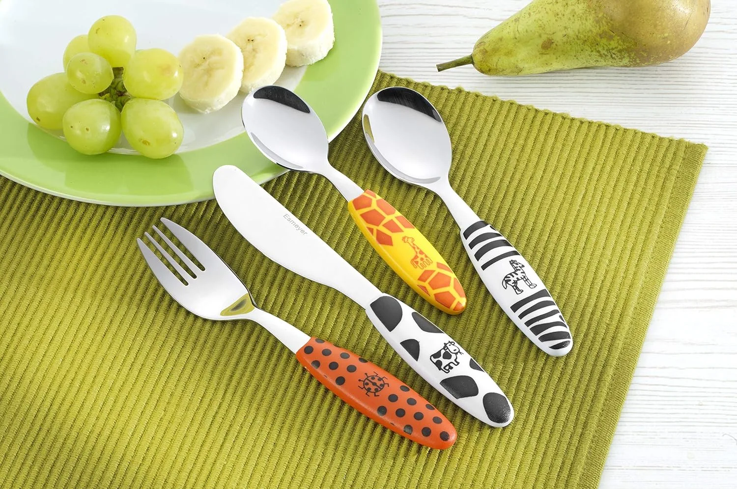 Esmeyer 199-351 4-предметный детский набор столовых приборов Safari 18/0 полированная нержавеющая сталь в подарочной упаковке разноцветные пластиковые ручки с принтом животных — фото 2