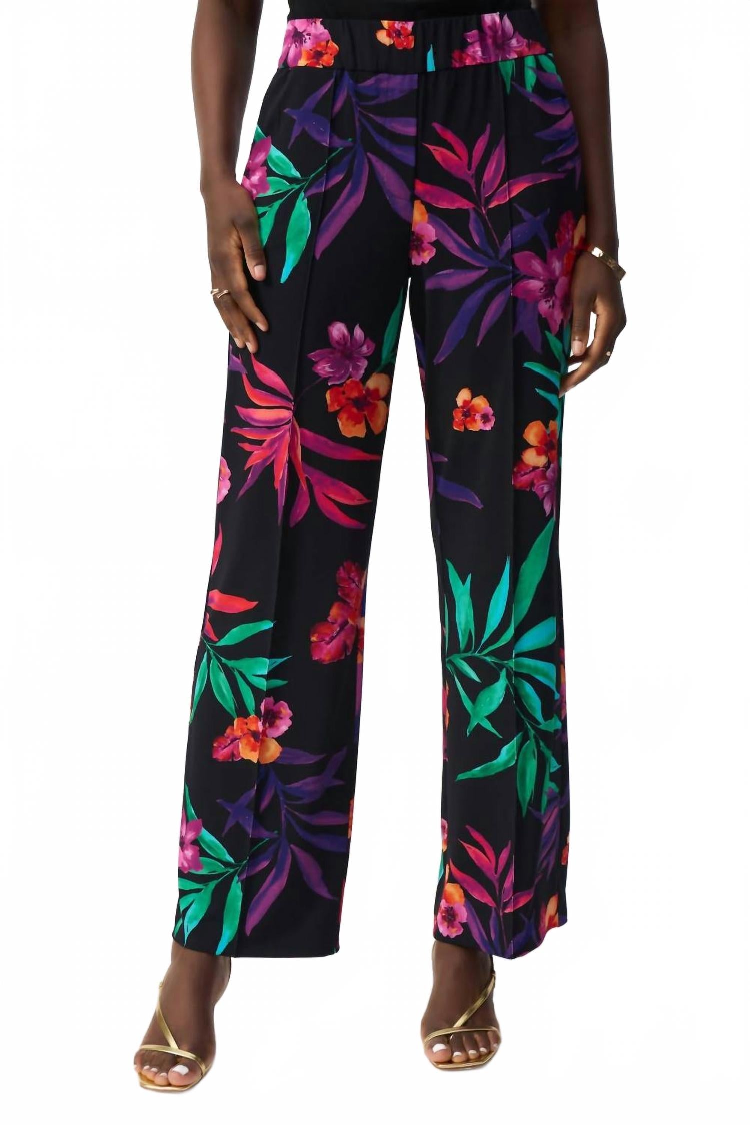 

Широкие брюки из шелковистого трикотажа с тропическим принтом, цвет черный, многоцветный Joseph Ribkoff, Black Multi