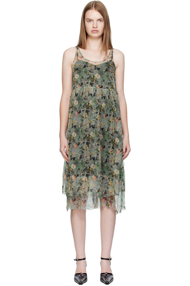 

R13 Зеленое платье-миди с присборенной юбкой