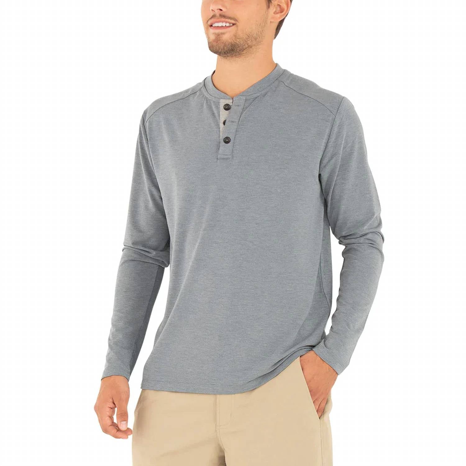 

Мужской топ Bamboo Flex Henley в цвете Heather Blue Dusk FREE FLY